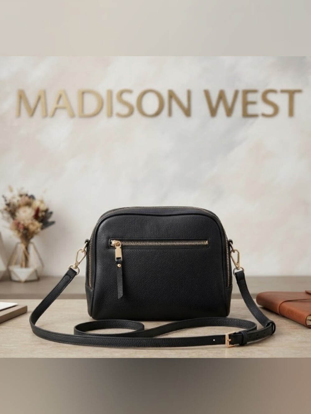 Madison West BlackCrossbody Bag Pebble Grain